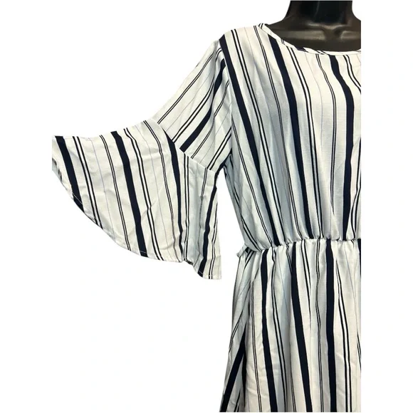 FLAMINGO Blue & White Striped Midi 3/4 Bell Slv, Slip on Dress & slip Sz.M - Picture 5 of 13